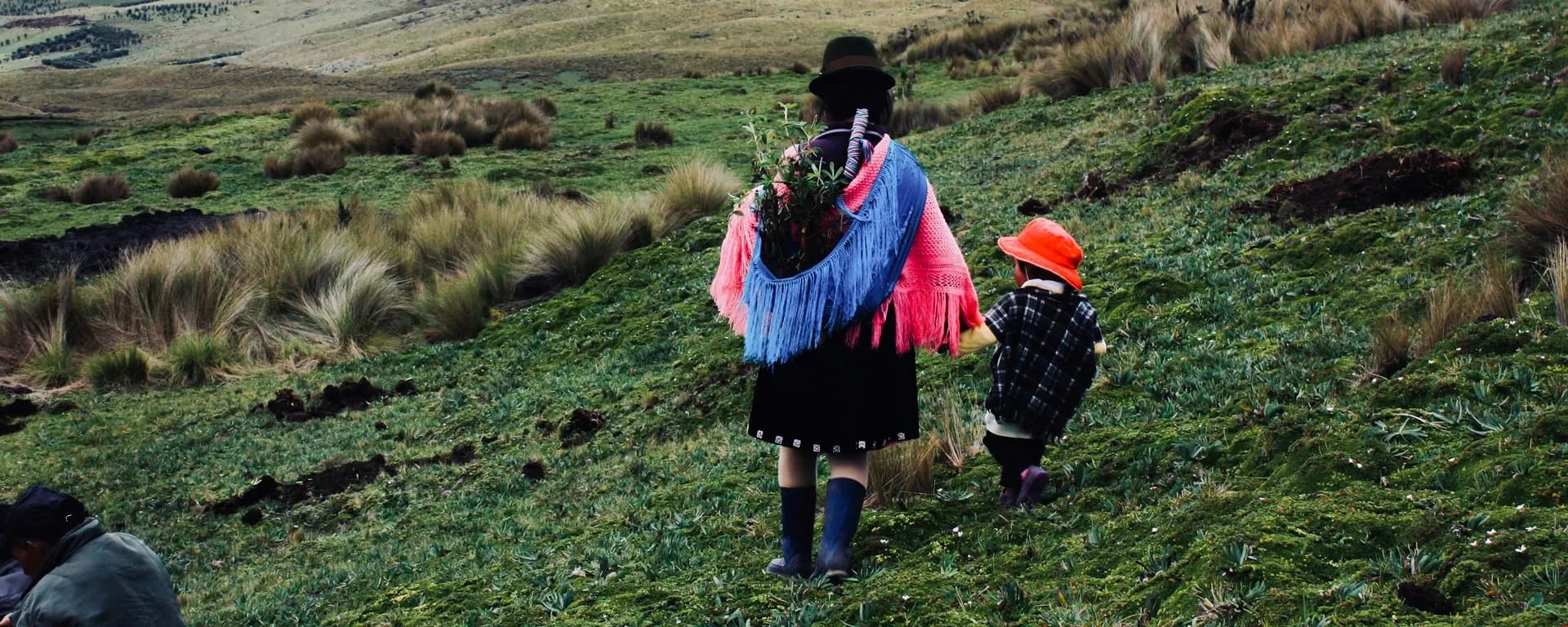 Personas caminando en un campo abierto.