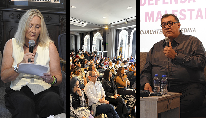 La Dra. Margaret McColl, de la University of Glasgow y directora del Erasmus Mundus Joint Master Education in Museums and Heritage (izq.) y el Dr. Cuauhtémoc Medina, académico e investigador de la UNAM.